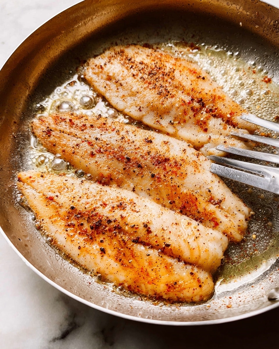 Four light golden brown fish fillets are cooking in a silver metal pan. The fillets have a slightly crispy texture on top with a sprinkling of black pepper and reddish seasoning evenly spread across them. The pan shows some bubbling oil around the edges of the fillets, highlighting the cooking process. A silver metal spatula is gently lifting one fillet on the right side. The background is a white marbled surface. photo taken with an iphone --ar 4:5 --v 7