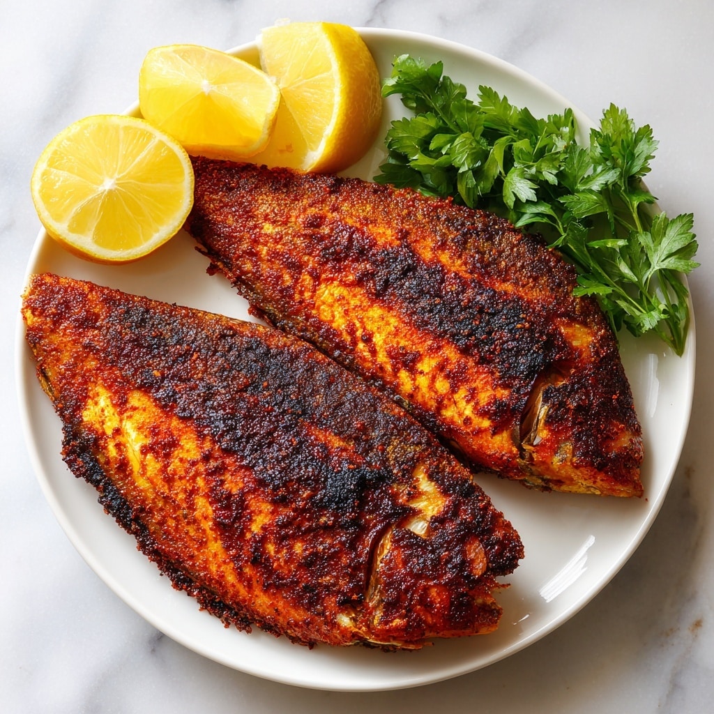 The image shows two pieces of blackened fish fillets with a rich, dark brown and reddish spice crust, lying flat on a white plate. The fish has a slightly crispy texture with visible charred spots and specks of seasoning. To the left of the fillets, there is a halved lemon with a bright yellow color, adding a fresh contrast. At the top right corner of the plate, there is a small bunch of green parsley, its leaves fresh and curly. The plate is placed on a white marbled surface, creating a clean and bright background. photo taken with an iphone --ar 4:5 --v 7
