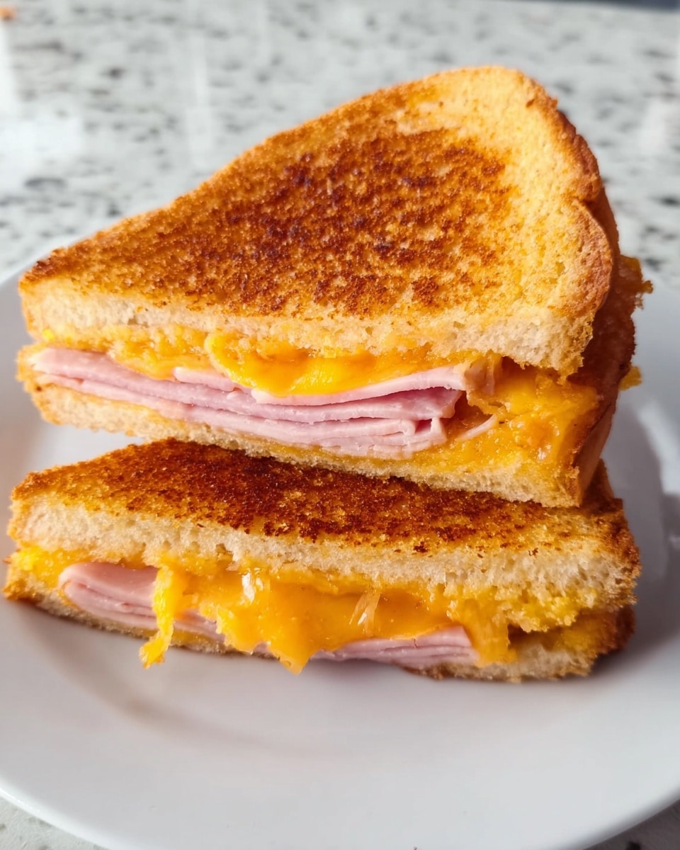 A toasted sandwich with two slices of golden brown bread, each side evenly browned with a crispy texture, sitting in a black frying pan. The sandwich is slightly pressed down, and melted orange cheese is visibly oozing out from one side. A slice of light pink ham is peeking out under the melted cheese layer. The frying pan is on a cooking stovetop with a worn white handle, and the background shows a white marbled texture. photo taken with an iphone --ar 4:5 --v 7