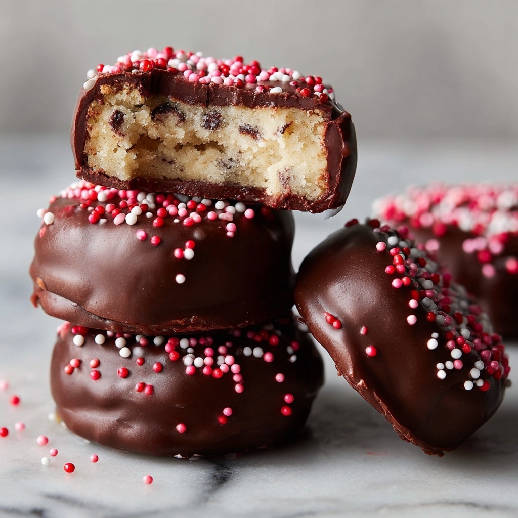 A close-up of four stacked chocolate-covered treats on a white marbled surface, each piece coated in smooth, dark brown chocolate with a glossy texture and decorated with small red, pink, and white round sprinkles on top; the top piece is bitten to show a light beige, creamy inside with small chocolate chip bits, while the others remain whole and smooth. A similar treat is partially visible to the right, showing the same creamy beige center with chocolate chips inside, surrounded by chocolate coating and sprinkled on the outside. Photo taken with an iphone --ar 4:5 --v 7