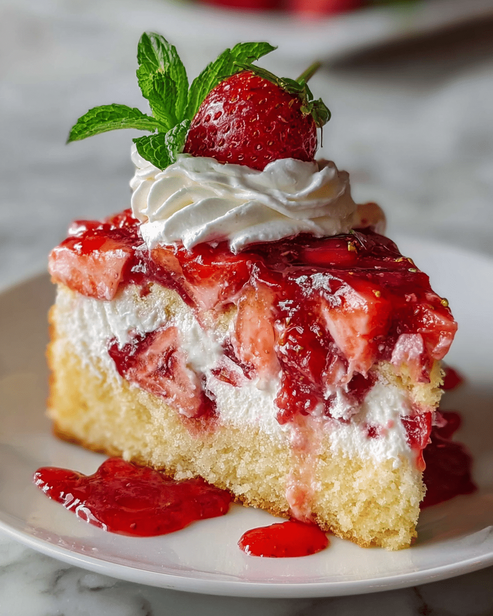 A slice of strawberry shortcake is shown on a white plate resting on a white marbled surface. The cake has three main layers: a light yellow sponge cake at the bottom with a soft and slightly crumbly texture; a thick middle layer of white whipped cream mixed with small strawberry pieces giving a creamy and light pink look; and a glossy top layer of bright red strawberry glaze studded with chunks of strawberries. On top, there is a swirl of white whipped cream holding a fresh, red strawberry with green leaves, and a small sprig of green mint leaf behind it. Some strawberry glaze is also spread beside the slice on the plate, adding a juicy and rich red contrast. Photo taken with an iphone --ar 4:5 --v 7
