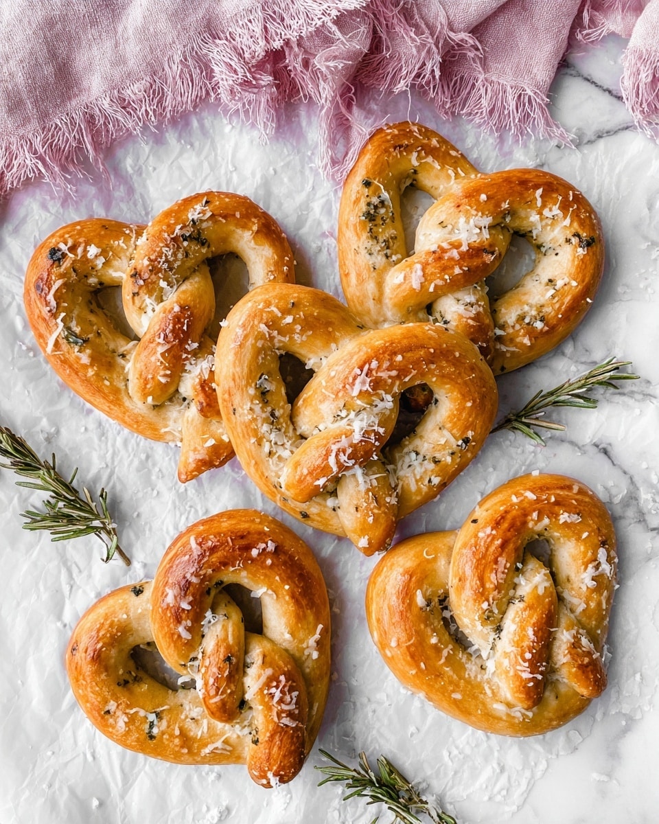 Four golden brown soft pretzels sit on white marbled textured surface scattered with grainy salt and small green herb leaves; each pretzel is twisted into a classic shape showing smooth, shiny baked dough with slight browning on top and fine grated white cheese sprinkled evenly over them; a soft pink cloth partially visible in the background adds color contrast while the dough layers exhibit light flakiness and softness; photo taken with an iphone --ar 4:5 --v 7