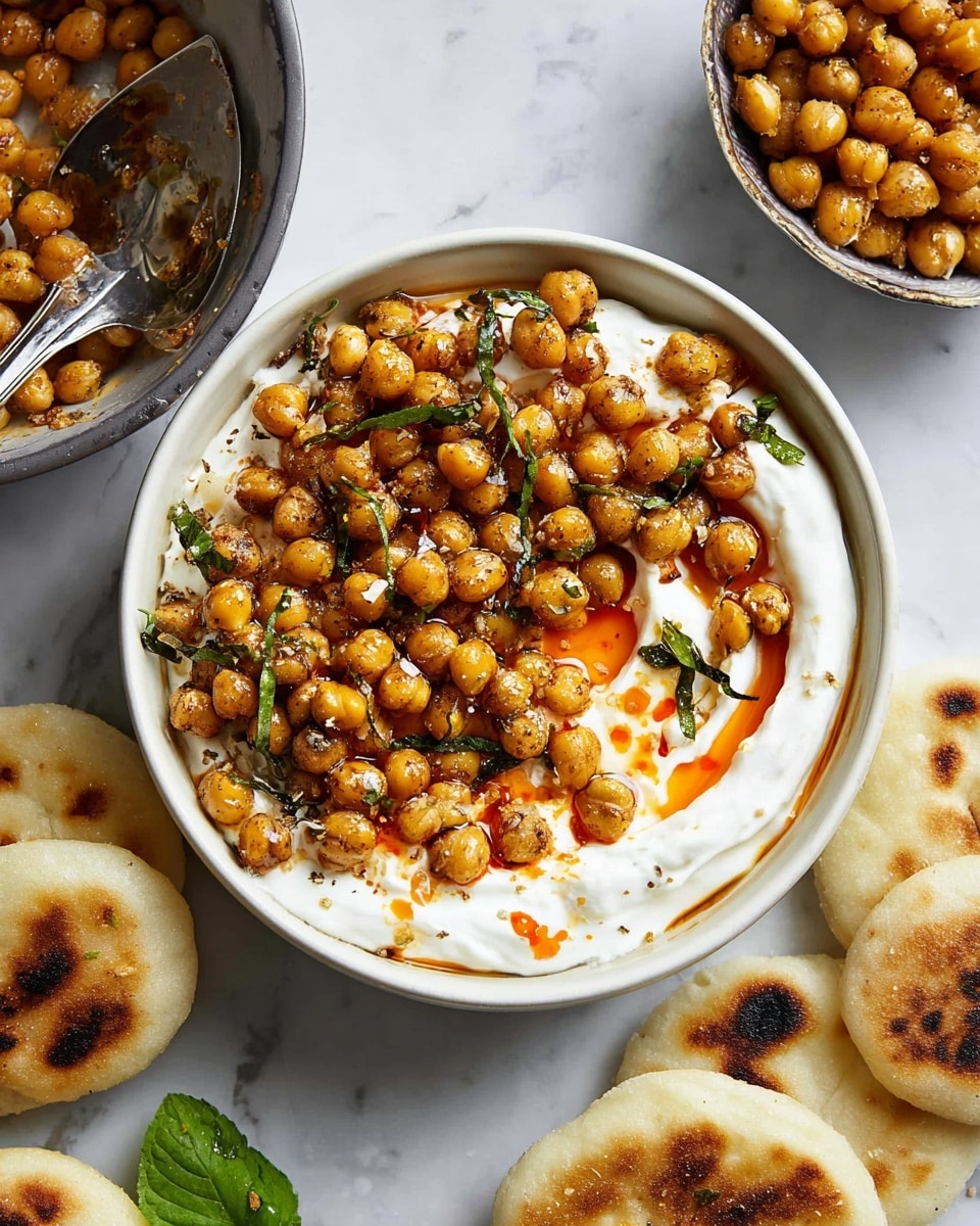 A white bowl filled with two main layers, the bottom is a smooth, creamy white yogurt spread evenly to cover the whole base, and the top layer consists of golden-brown roasted chickpeas scattered thickly over the yogurt, mixed with reddish-orange oil and green herb bits, creating a shiny, textured surface. To the right and bottom of the bowl, several small, round, toasted flatbreads with golden-brown patches are placed on a white marbled surface. Above the bowl, there is a partial view of another white bowl with more roasted chickpeas and a spoon scooping some up. A small green parsley leaf is visible next to the bowl on the right. Photo taken with an iphone --ar 4:5 --v 7