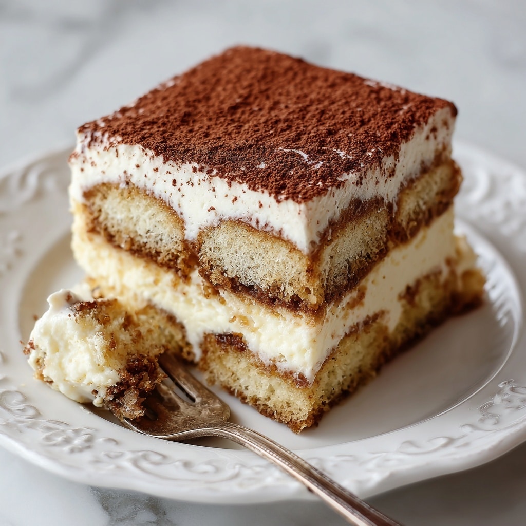 A square slice of tiramisu rests on a white plate with ornate edges, showing three clear layers: the bottom layer is a light brown sponge cake soaked with coffee, appearing moist and textured with small dark spots; the middle layer is a thick, smooth white cream that contrasts well with the cake; the top layer is a fine dusting of dark brown cocoa powder evenly covering the cream. A fork with a piece of the tiramisu is placed on the plate, the piece showing all three layers clearly. The plate sits on a white marbled surface. Photo taken with an iphone --ar 4:5 --v 7