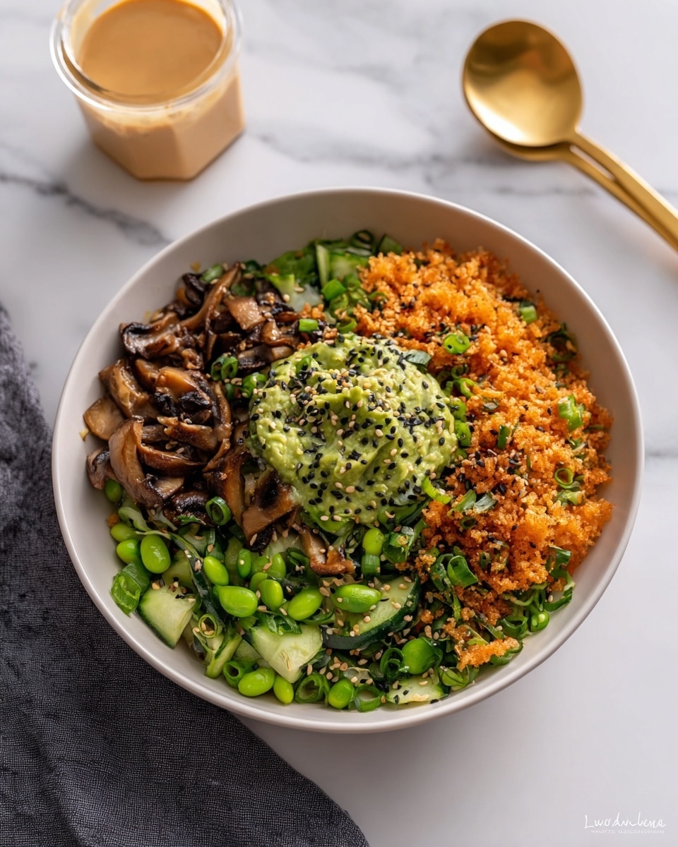 A white bowl filled with four main layers: the bottom layer is bright green edamame beans and chopped cucumber, mixed with dark green chopped herbs and sliced green onions; the second layer is a mix of brown sautéed mushrooms spread over the greens; the third layer is a creamy, light green avocado mash with black sesame seeds sprinkled on top; the top layer is crunchy, golden orange crispy rice with more black sesame seeds scattered over it. The bowl is placed on a white marbled surface, with a small clear glass jar of thick, light brown sauce to the left, and a golden spoon resting on a dark gray cloth napkin in the background. Photo taken with an iphone --ar 4:5 --v 7