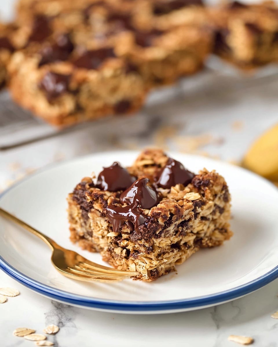 A close-up view of a tray of oatmeal bars with two distinct layers: the base layer is golden brown and textured with oats, giving a crunchy and chewy look, while the top layer is scattered with rich, melted dark chocolate chips that glisten and create a thick, uneven coating. The bars are cut into square pieces and placed on a metal cooling rack over a white marbled surface, showing rough edges and a slightly crumbly texture with some chocolate melting into the oats. photo taken with an iphone --ar 4:5 --v 7