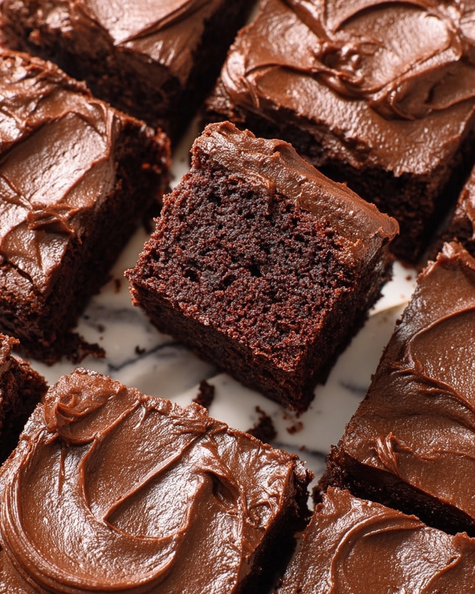 A close-up view of a single square piece of chocolate cake with one visible layer, topped with a thick, rich, dark chocolate frosting that has a smooth but slightly textured surface. The cake layer is dense with a moist, crumbly texture and deep brown color. The piece is on a white parchment paper placed on a wooden cutting board, with several similar cake pieces blurred in the background. The scene is set on a white marbled surface with soft natural lighting highlighting the cake's details. Photo taken with an iphone --ar 4:5 --v 7