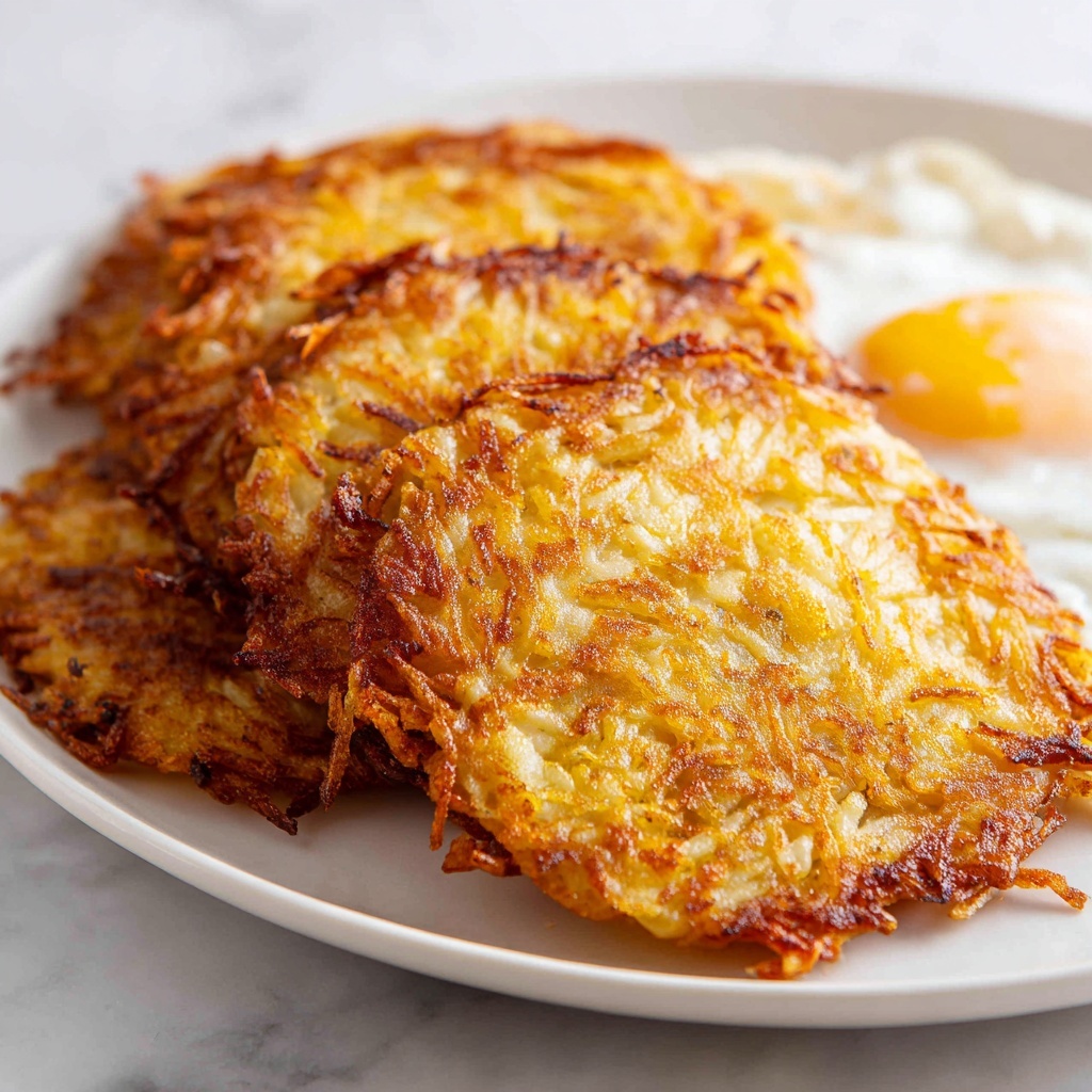 The image shows a close-up of several golden brown hash browns stacked slightly on each other on a white plate with a white marbled texture surface beneath. Each hash brown has a rough, crispy texture with visible strands of shredded potato browned unevenly, giving a crunchy look. The hash brown in the front center is the most focused, displaying a mix of yellow and darker brown shades from frying. On the top right corner, part of a cooked egg with a white, slightly bubbly texture and some brown edges is visible. Photo taken with an iphone --ar 4:5 --v 7