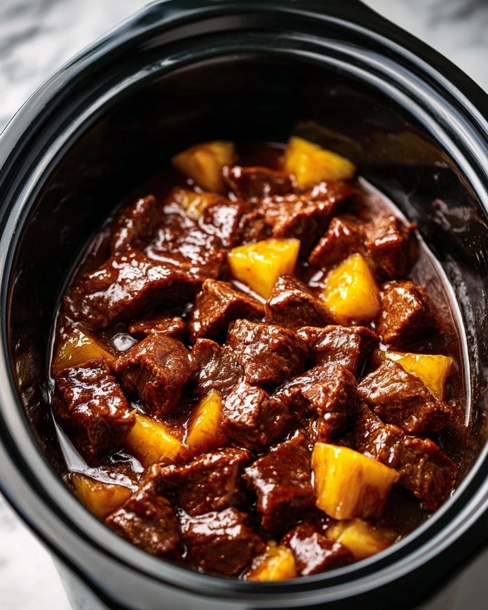 Inside a black slow cooker, there are many square chunks of brown meat mixed with yellow pineapple pieces. The meat looks shiny and moist, covered in a thick, glossy sauce. The pineapple pieces add a soft texture and a splash of bright color among the dark brown meat. The slow cooker rim is visible, showing a contrast between the food and the pot. The background is a white marbled texture. photo taken with an iphone --ar 4:5 --v 7