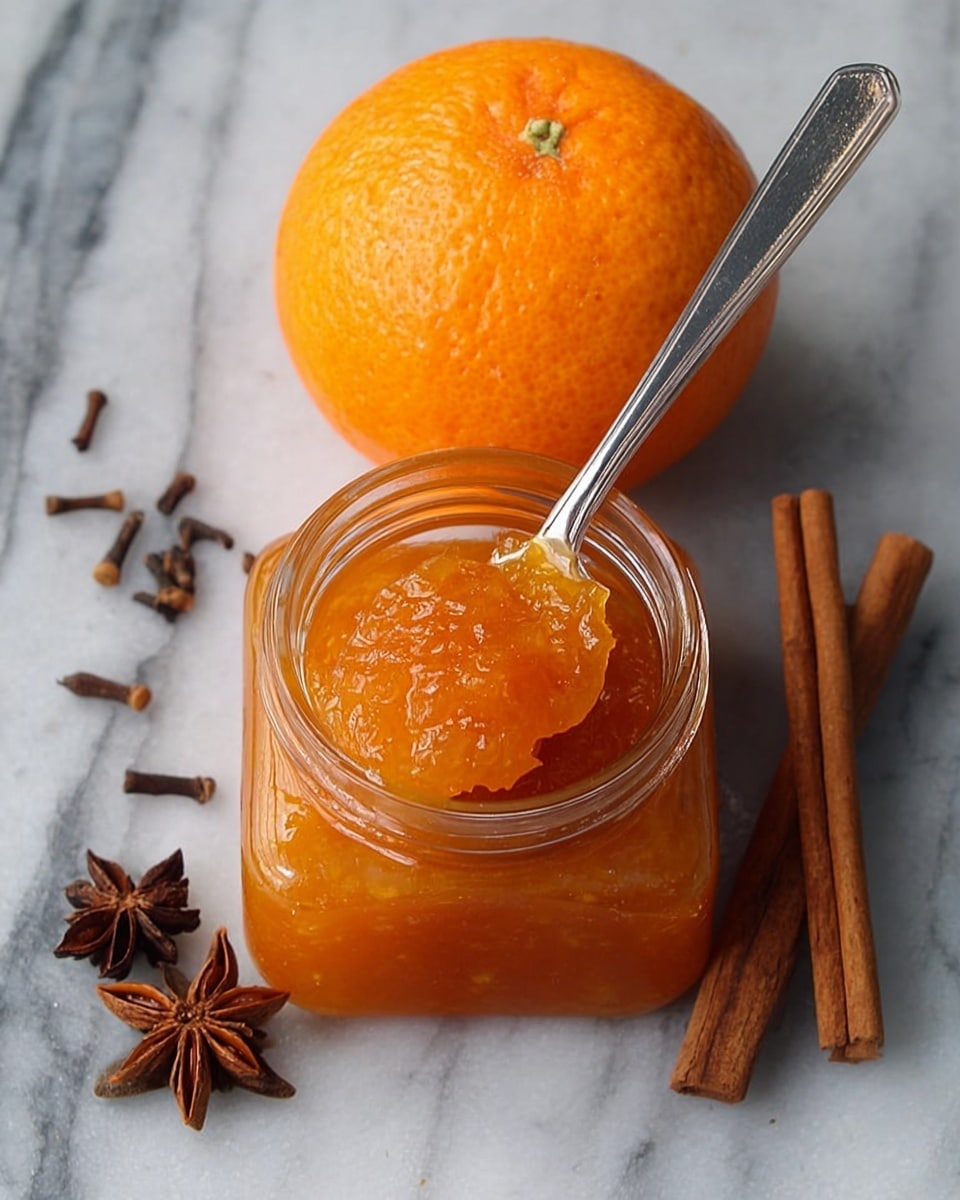 A square glass jar filled with thick, bright orange marmalade sits on a white marbled surface. A silver spoon is scooping up a generous amount of the textured marmalade, showing its chunky and glossy consistency. Above the jar is a whole, vibrant orange with a bumpy skin. To the right, there are two cinnamon sticks, a star anise, and a few whole cloves scattered on the surface. Photo taken with an iphone --ar 4:5 --v 7