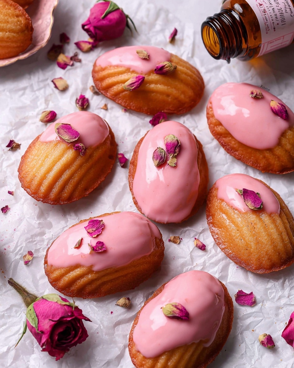 The image shows several oval-shaped madeleine cakes on crinkled white paper over a white marbled surface, some with a smooth light pink glaze covering their tops, fading into a soft cream color in the center, and tiny dried rose petals scattered evenly across the glaze. A few madeleines have a golden brown color with ridged texture on their backsides. Dried rosebuds and petals are sprinkled around the madeleines, adding a delicate touch of dark pink and purple. The overall look is soft and inviting with a gentle mix of warm browns and pastel pinks. photo taken with an iphone --ar 4:5 --v 7