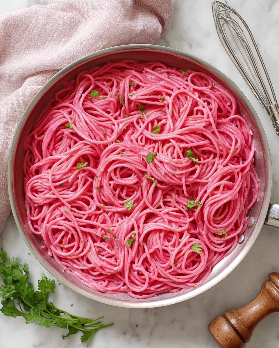 A shiny stainless steel pan is filled with bright pink spaghetti noodles twisted into loose nests, topped with small bits of fresh green parsley scattered evenly. The pan sits on a white marbled texture surface, with a light pink cloth draped to the left side and silver tongs placed to the right. A small bunch of green parsley lies on the surface near the bottom left corner, and a light wooden pepper grinder is on the right. The whole scene gives a clean and fresh look. photo taken with an iphone --ar 4:5 --v 7