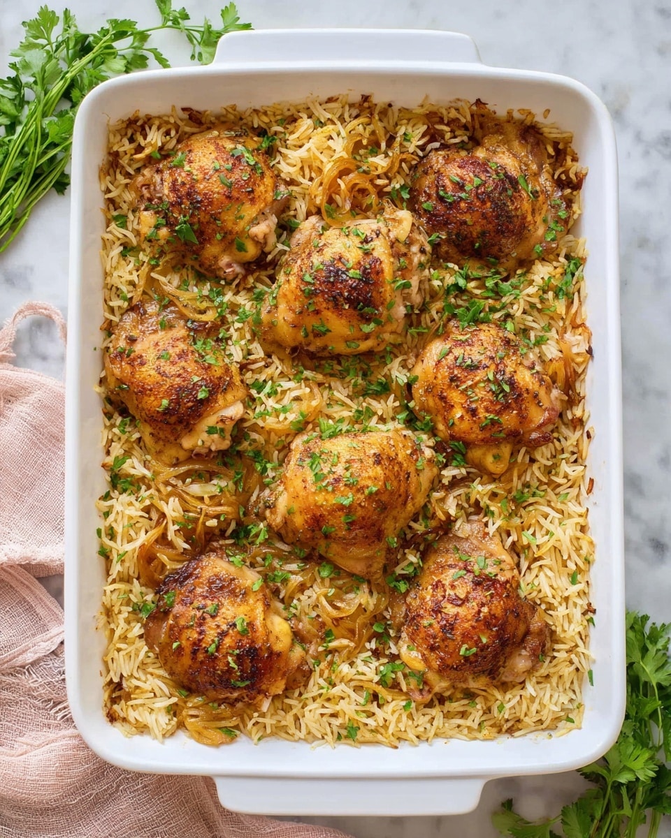 The image shows a white rectangular baking dish filled with a layered dish of cooked rice and eight baked chicken thighs. The bottom layer consists of light golden brown, fluffy, long-grain rice mixed with small cooked onions. On top, the chicken thighs are arranged evenly in two rows, each piece browned with crispy skin and seasoned with herbs and spices, giving a slightly reddish and golden caramelized color. Fresh green chopped parsley is sprinkled over the chicken and rice, adding a fresh contrast. The dish is placed on a white marbled textured surface with a sprig of green herbs and a pale pink cloth partially visible nearby. Photo taken with an iphone --ar 4:5 --v 7