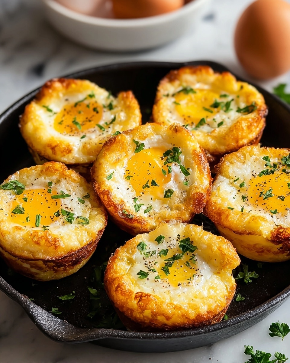 The image shows eight golden-brown egg muffins arranged in a black cast iron pan that sits on a white marbled surface. Each muffin has a crispy, browned outer layer with a fluffy white egg layer forming the middle and a cooked yellow yolk in the center, some yolks more visible than others. The muffins are sprinkled with small green parsley leaves and black pepper for garnish. The texture appears light and slightly crispy on the outside, soft and moist on the inside. In the blurred background, there are two brown eggs and a white bowl. Photo taken with an iphone --ar 4:5 --v 7