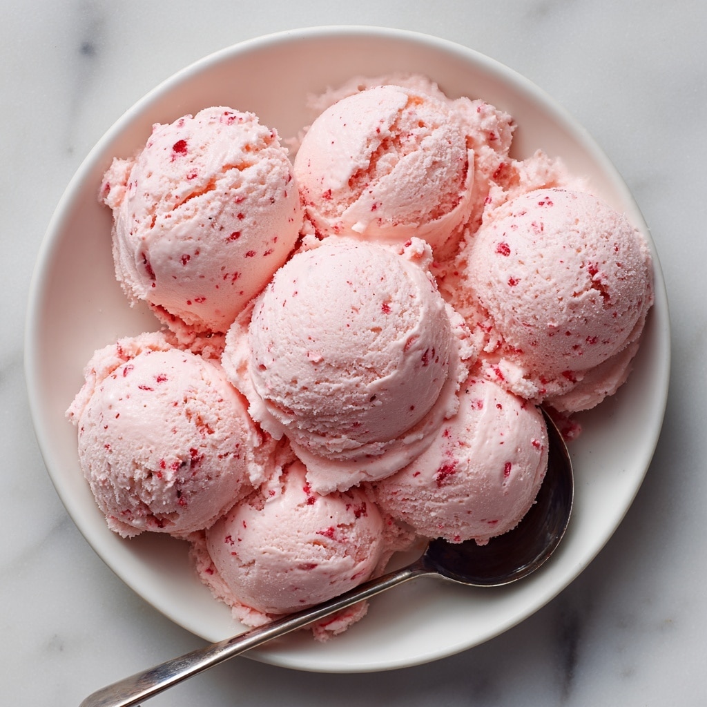 The image shows a white plate holding seven scoops of light pink creamy mixture, which has a soft, slightly textured surface with small red specks throughout. Each scoop is roughly round but with imperfect shapes, arranged loosely on the plate. A metal ice cream scoop, coated in the same pink cream, rests at the edge of the plate on a white marbled surface. The soft texture and pastel pink color suggest a whipped or mixed dessert or spread. photo taken with an iphone --ar 4:5 --v 7