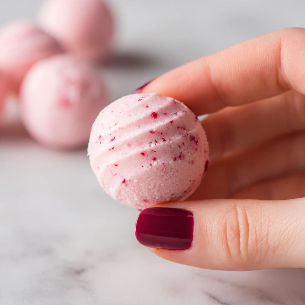 A close-up of a small, soft pink dessert ball with visible red specks inside, held delicately between a woman's thumb and forefinger. The dessert has a smooth, creamy texture with slight ridges and indentations, and the background shows more out-of-focus pink balls on a white marbled surface. The woman’s nails are painted a deep maroon color. photo taken with an iphone --ar 4:5 --v 7