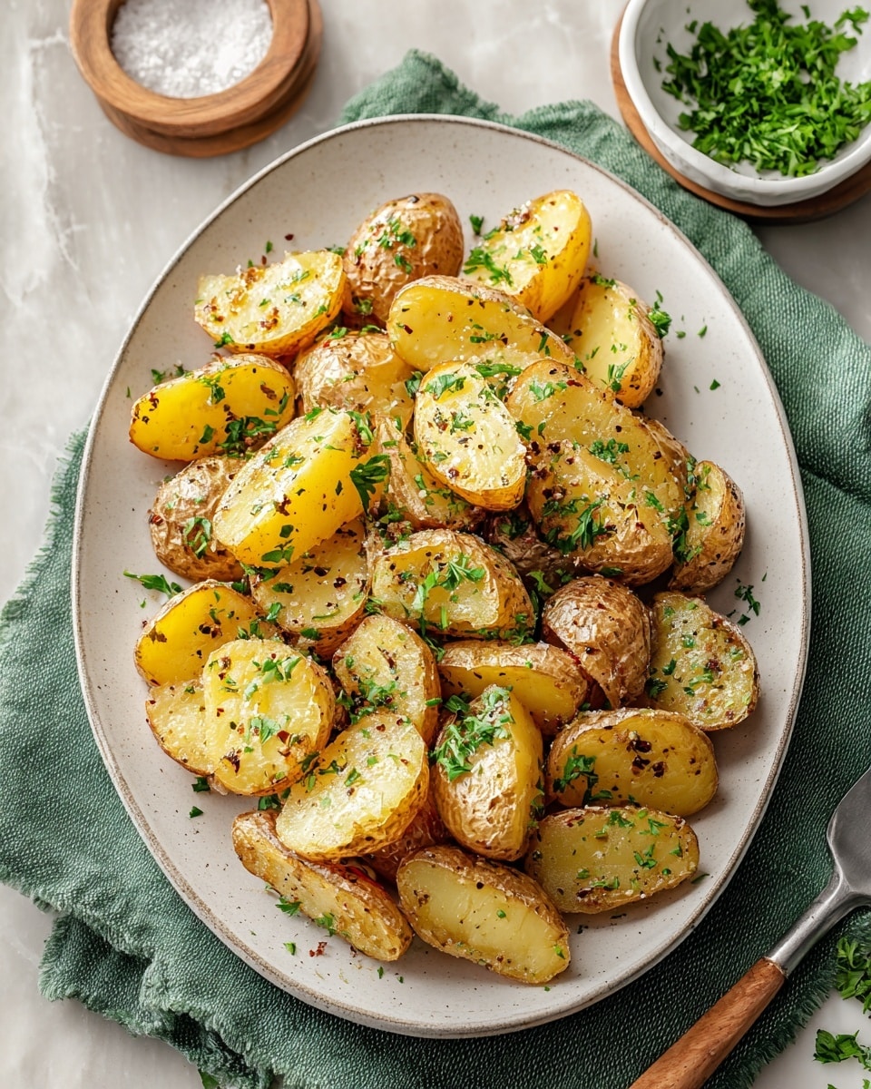A white oval plate filled with multiple small potato halves, cooked and roasted to show golden-yellow insides with light brown skins, garnished evenly with chopped green parsley. The potatoes have a slightly crisp texture with visible specks of black pepper and salt on top. The plate sits on a green cloth napkin, placed on a white marbled surface, with a small wooden bowl of coarse salt in the top left and a white bowl of green herbs slightly blurred in the top right background, creating a fresh and rustic scene. photo taken with an iphone --ar 4:5 --v 7
