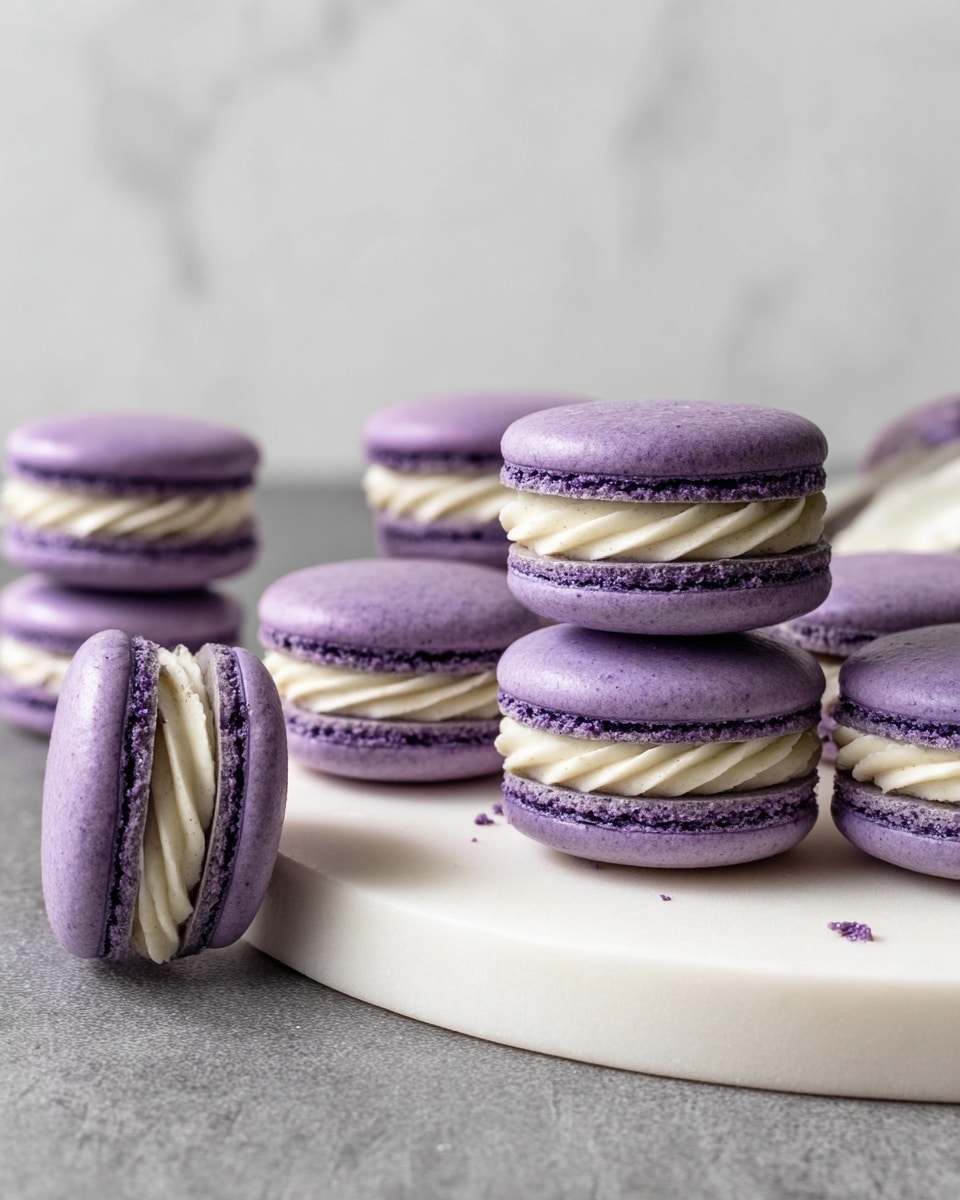 The image shows several purple macarons arranged on a white round board and a gray surface with a white marbled texture background. Each macaron has two smooth, slightly domed purple shells as the outer layers with a rough textured edge, sandwiching a thick layer of light cream-colored, swirled filling in the center. Some macarons are stacked in pairs, while others lie flat or lean on each other, creating depth and variation. The overall look is neat, delicate, and elegant. Photo taken with an iphone --ar 4:5 --v 7