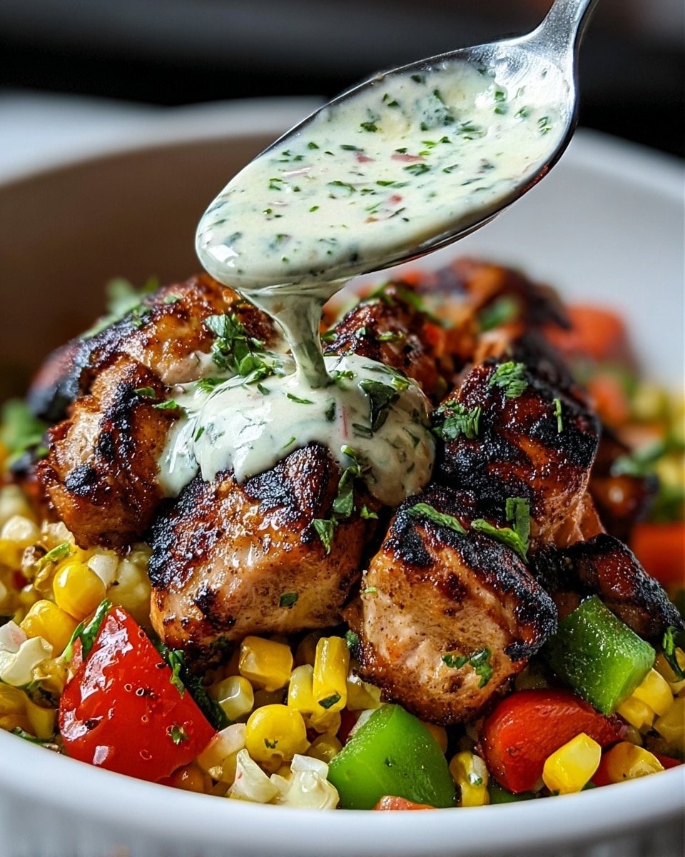 A white bowl filled with three visible layers: the bottom layer is a mix of bright yellow grilled corn kernels and red grilled bell pepper pieces with some green herbs. The middle layer shows grilled chicken chunks with a golden brown and slightly charred texture scattered on top of the vegetables. The top layer has a creamy white sauce with green and red herb specks spread over some of the grilled chicken. A woman's hand holding black chopsticks is picking up two pieces of grilled chicken from the bowl. The setting is on a white marbled textured surface with a blurred blue-green background. photo taken with an iphone --ar 4:5 --v 7