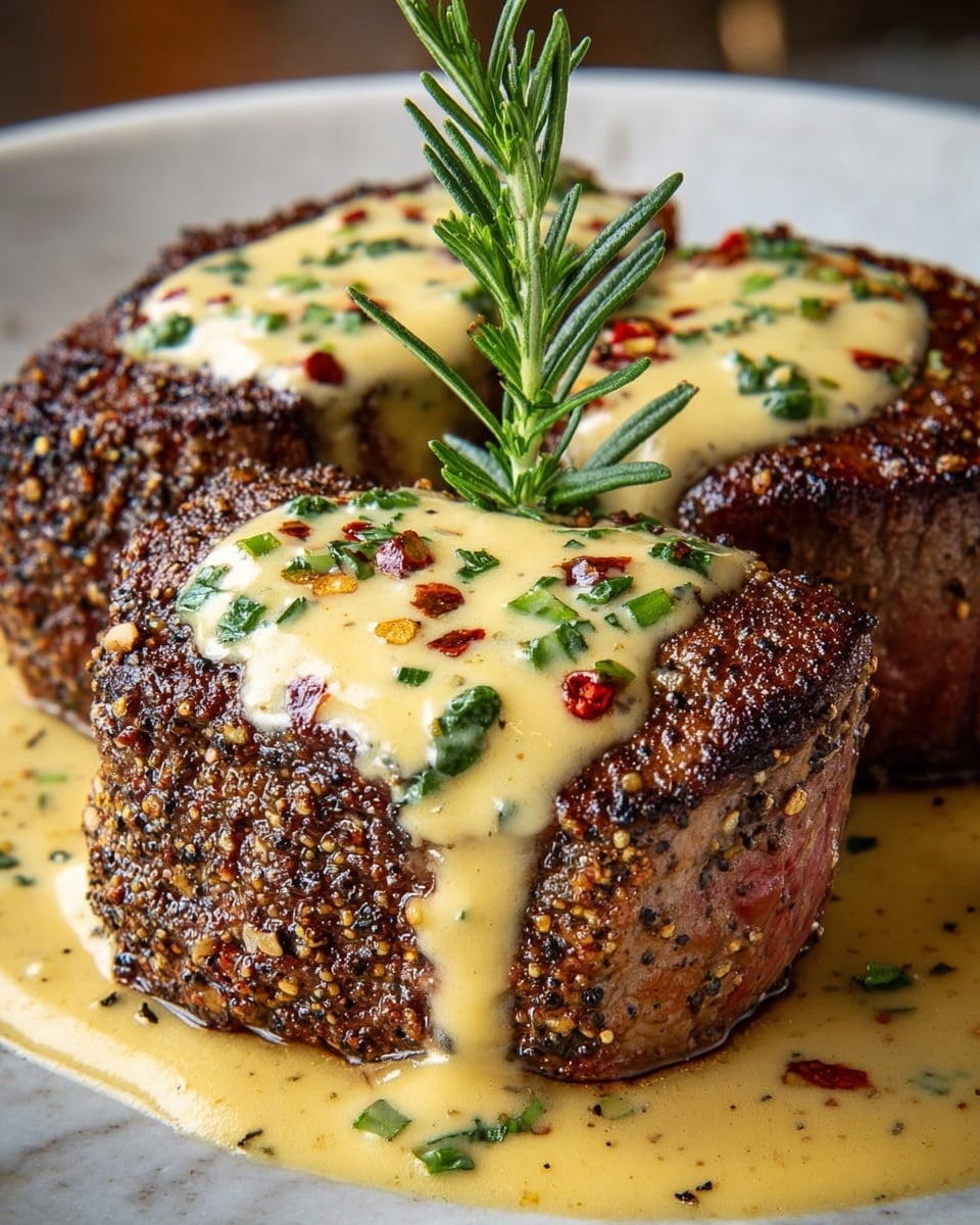 The image shows two thick, juicy steaks with a dark, crispy, and well-seared outer layer, covered generously with a creamy, pale yellow sauce that is speckled with green herbs and small red chili flakes. The creamy sauce drips slightly down the sides of the steaks onto a white plate, pooling around the base with bits of herbs and spices. The steaks' rich brown color contrasts with the light sauce and the sprinkled green parsley leaves on top. The background is softly blurred with a white marbled texture surface. photo taken with an iphone --ar 4:5 --v 7