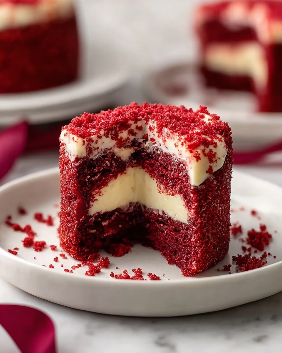 A small round red velvet cake cut in half sits on a white plate against a white marbled background. The cake has three visible layers: the outside is a deep red crumbly texture, the middle layer is creamy white, and the center is a smooth white filling. Red crumbs are scattered around the base on the plate. In the background, a second red velvet cake is blurred out with a hint of a burgundy ribbon nearby. Photo taken with an iphone --ar 4:5 --v 7