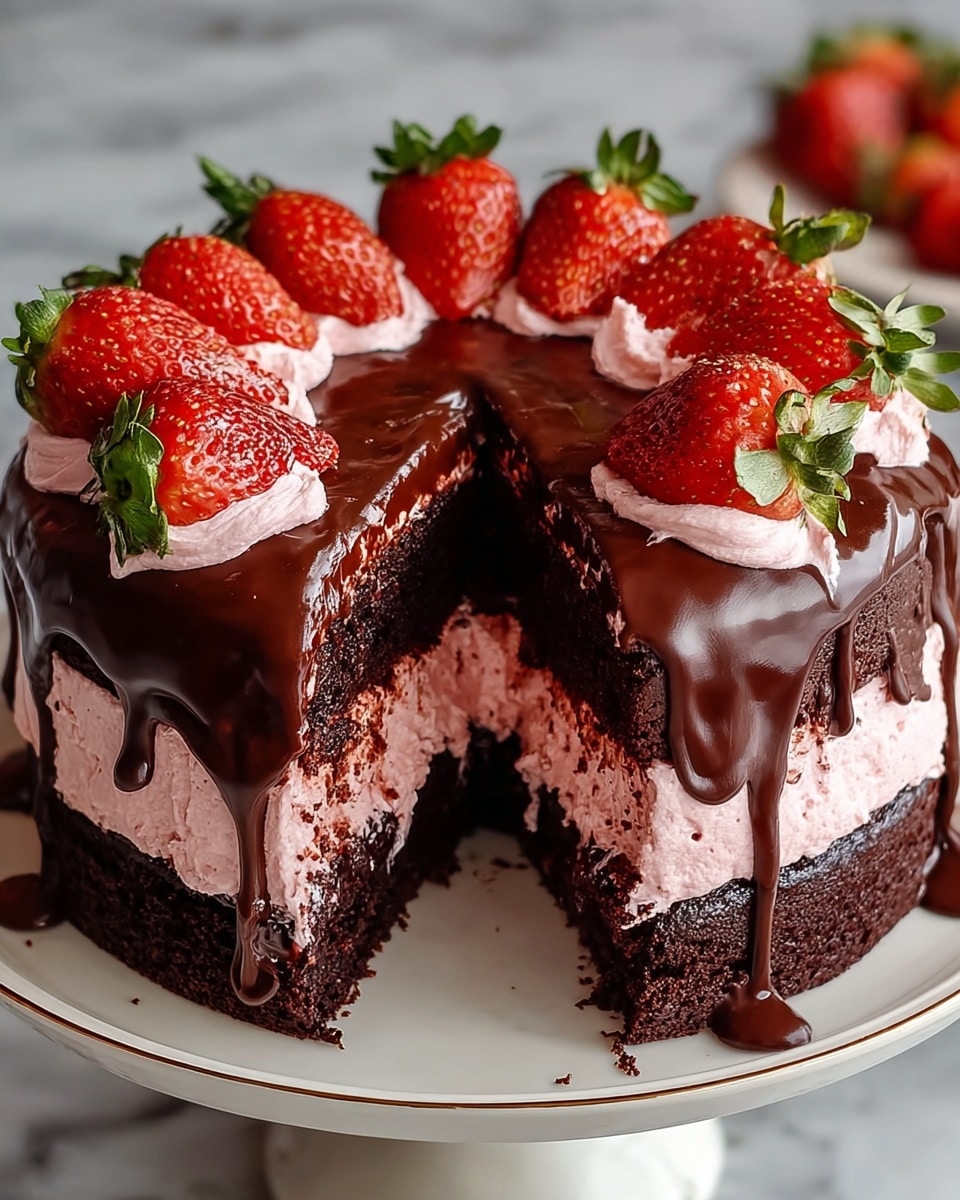 A three-layer chocolate cake with the top and sides covered in thick, glossy dark chocolate ganache that drips down the edges. The middle layer is filled with sliced red strawberries and a smooth chocolate filling that looks rich and creamy. On top of the cake, there is a generous pile of whole and halved fresh strawberries with green leaves, adding a vibrant red contrast to the dark chocolate. The cake sits on a plain white plate against a white marbled surface. photo taken with an iphone --ar 4:5 --v 7