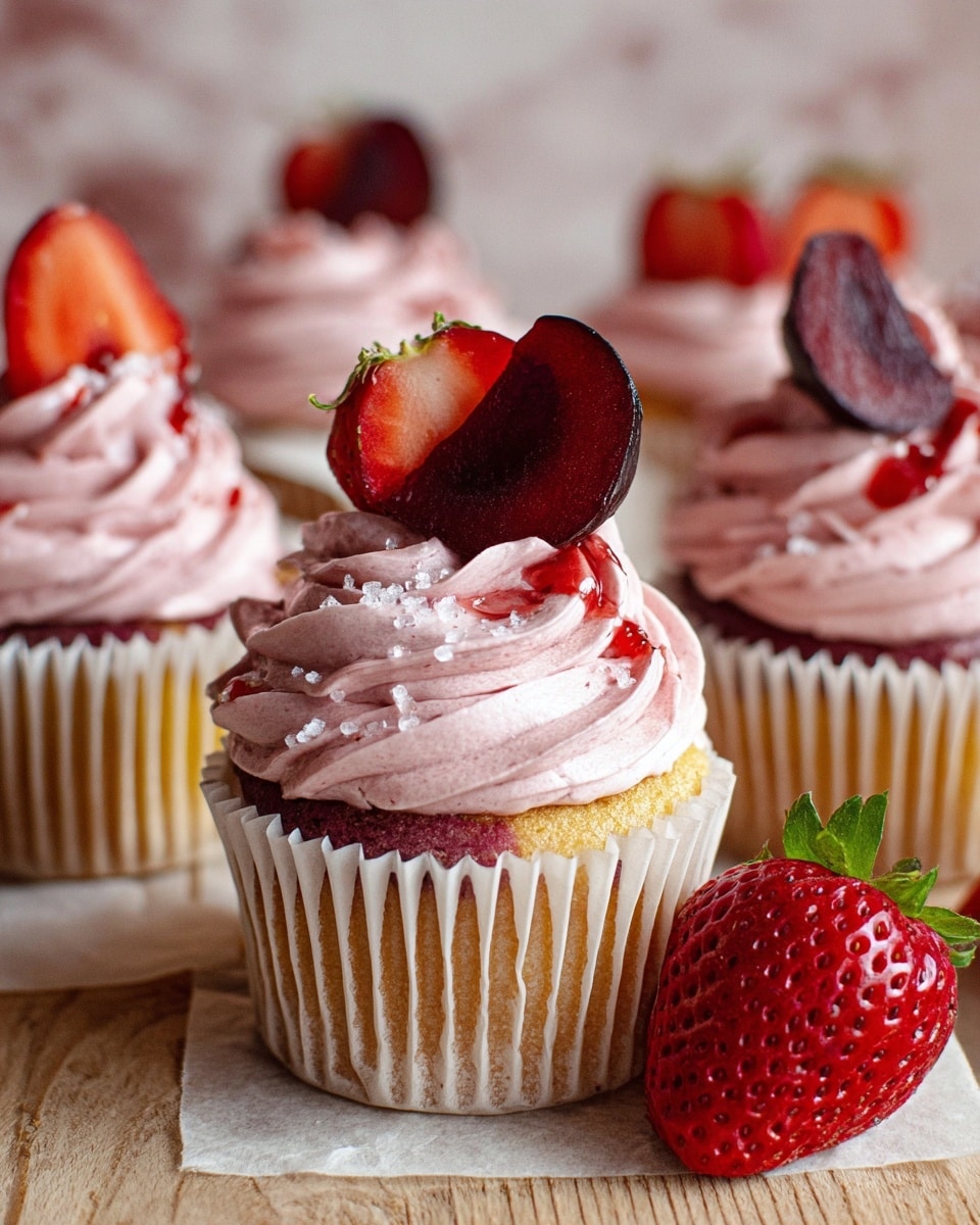 The image shows several cupcakes arranged on crinkled white paper placed on a wooden round board, all set on a white marbled surface. Each cupcake has a light brown base with white ridged paper liners, topped with a thick swirl of light pink frosting that is smooth and fluffy in texture. On top of the frosting, there are two pieces of fruit: a bright red strawberry slice and a deep red plum slice with a slightly shiny surface. Small drops of dark red sauce are scattered on the frosting, adding a glossy contrast. Around the cupcakes on the board and surface, there are whole strawberries and strawberry slices scattered casually. The background is softly blurred with warm beige tones, enhancing the focus on the cupcakes. Photo taken with an iphone --ar 4:5 --v 7