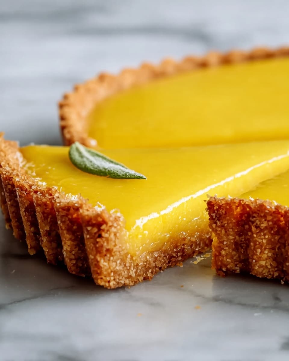 A close-up view of a tart showing two layers: a thick, crumbly, golden-brown crust with a coarse texture forming the base and edges, and a smooth, glossy, bright yellow filling that is even and flat on the top. A small green leaf decoration rests gently on the filling near the edge. The tart sits on a white marbled surface. Photo taken with an iphone --ar 4:5 --v 7