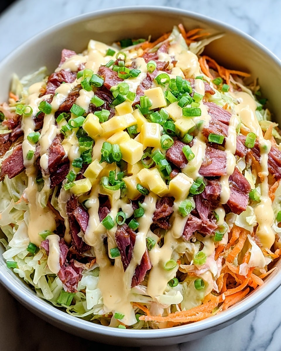 A close-up view of a layered bowl dish in a white bowl, placed on a white marbled texture. The bottom layer is shredded light green cabbage with some bits of carrot. Above this is a layer of thin, dark pink and brown grilled meat strips arranged in a circular way around the bowl's edge. On top of the meat is a mound of orange shredded vegetables. The dish is drizzled with a light yellow creamy sauce in thick lines, and sprinkled with small chopped green onions evenly over the top. photo taken with an iphone --ar 4:5 --v 7