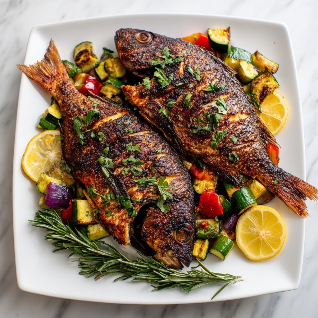 Two whole grilled fish with dark golden-brown crispy skin are placed side by side on a white square plate. The fish are sprinkled with fresh green parsley leaves and slices of yellow lemon peek out from underneath them. Surrounding the fish is a colorful mix of roasted vegetables including green zucchini chunks, bright red bell peppers, and purple onion pieces. A sprig of fresh rosemary rests in front of the fish, adding a touch of green. The plate is set on a white marbled surface, making the colors of the food stand out. Photo taken with an iphone --ar 4:5 --v 7