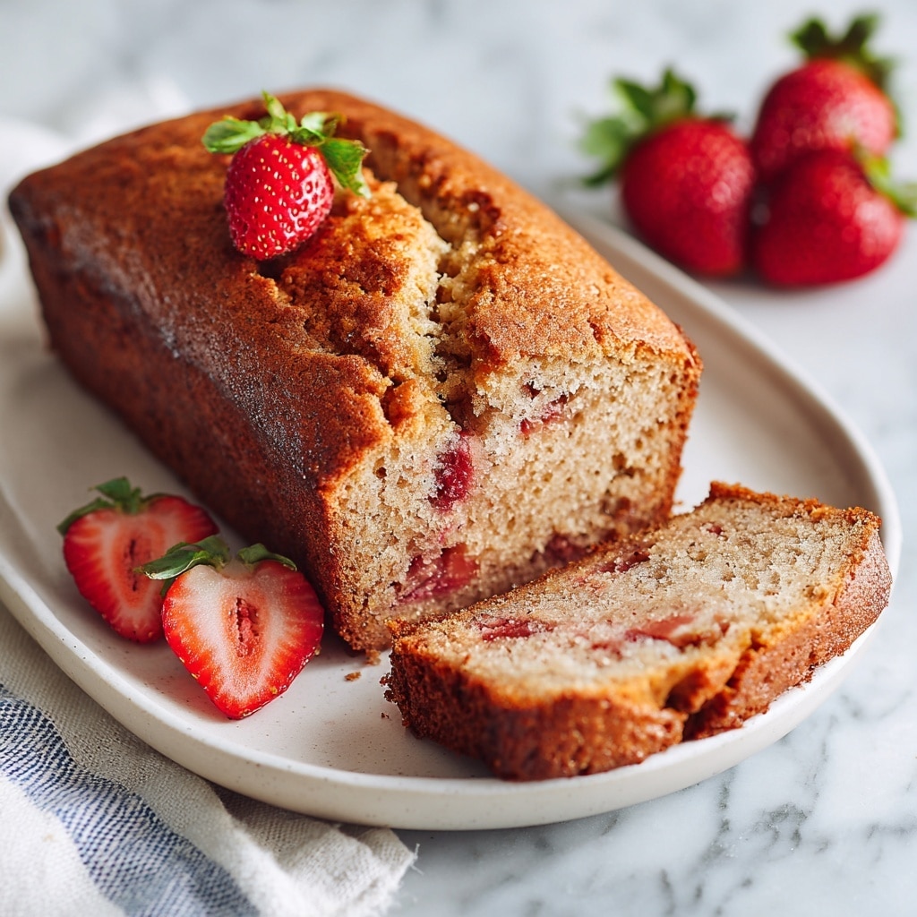 A golden-brown loaf of strawberry bread is placed on a white plate with a cracked top showing a soft, moist inside filled with pieces of red strawberries. Three whole bright red strawberries with green leaves sit at the back of the bread, and two strawberry halves with green leaves are arranged in front of it. The white plate rests on a white marbled textured surface with a bit of a blue and white striped cloth partially visible nearby. photo taken with an iphone --ar 4:5 --v 7