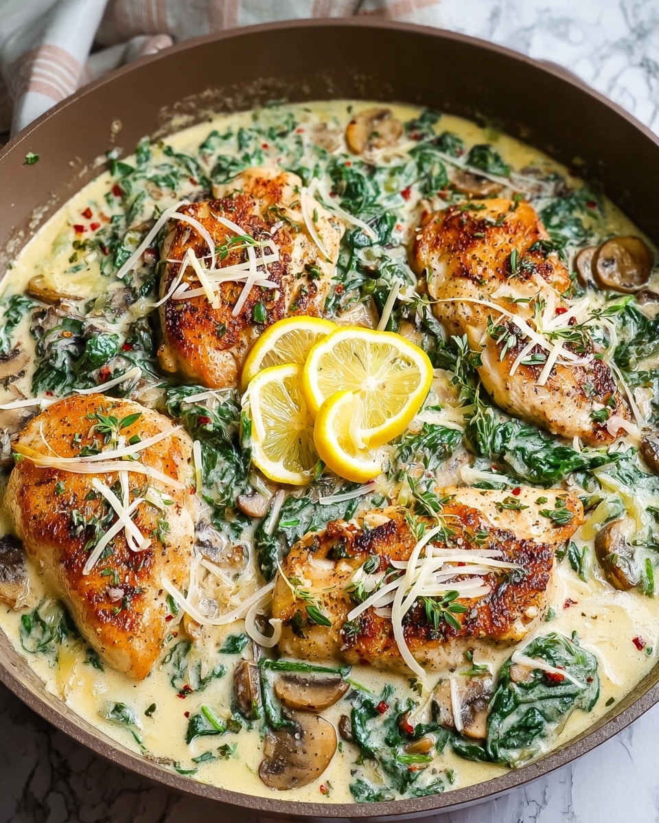 The dish shows four pieces of browned chicken breasts placed in a pan filled with a creamy white sauce mixed with green spinach leaves and slices of light brown mushrooms. The sauce is speckled with finely chopped herbs and bits of red pepper. Each chicken piece is topped with thin shreds of white cheese and a bright yellow lemon slice, adding a fresh look. The pan sits on a white marbled surface. photo taken with an iphone --ar 4:5 --v 7