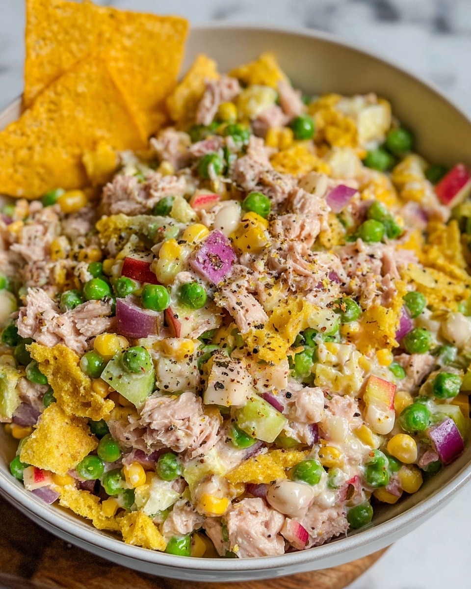 A large white bowl filled with a mixed salad showing a colorful blend of finely chopped tuna, corn, green peas, diced red onion, and pieces of yellow corn chips scattered evenly throughout. There are three large corn chips placed on the right side of the bowl for garnish. The bowl is held by a woman's hand in the bottom left corner. The bowl is placed on a rough-edged wooden plate over a white marbled surface with some additional corn chips placed around the bowl. A light beige cloth is folded on the top left side near the bowl. Photo taken with an iphone --ar 4:5 --v 7