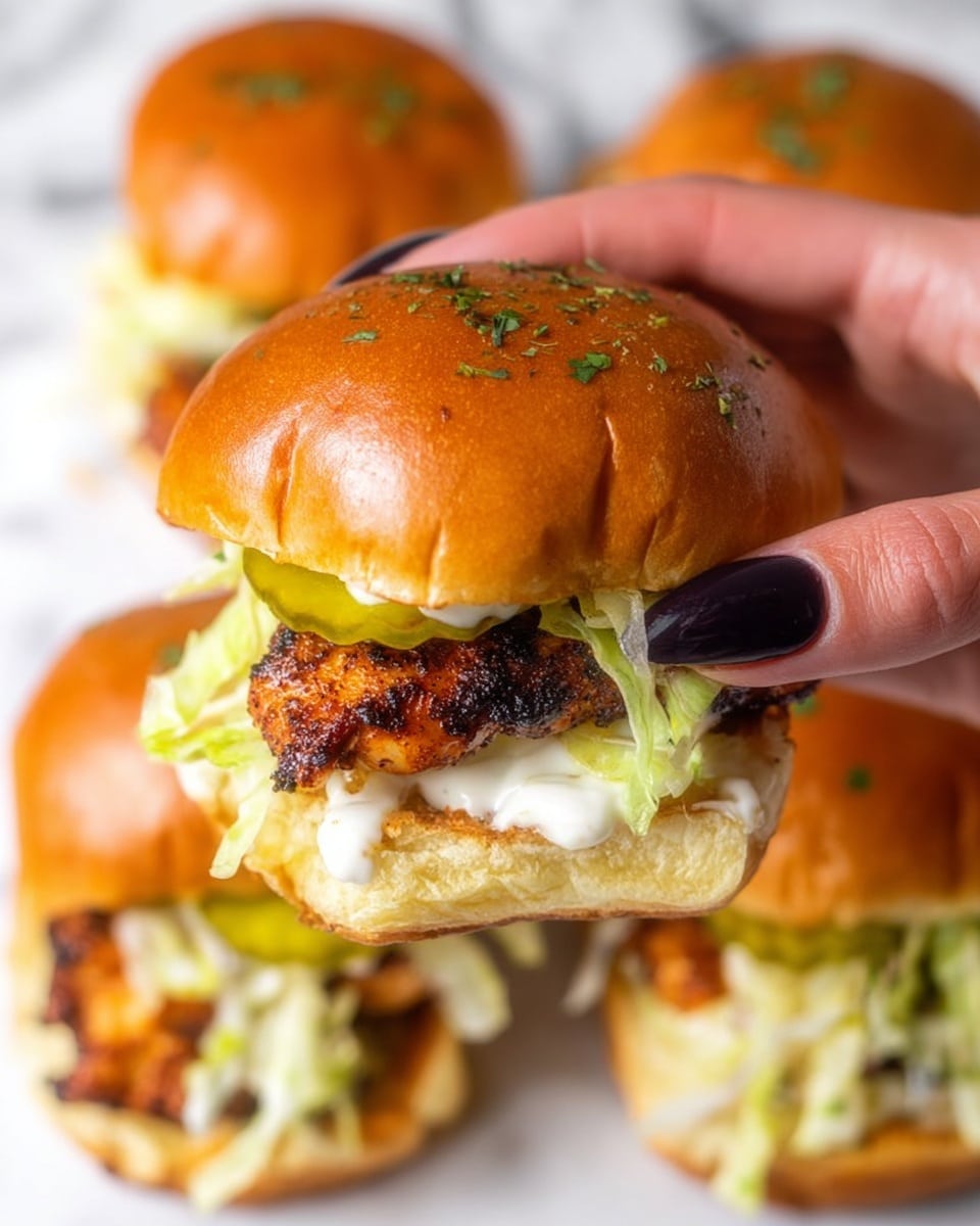 A close-up image of a small sandwich held by a woman's hand with black nail polish. The sandwich has four visible layers: the top golden-brown bun sprinkled with green herbs, a creamy white sauce covering shredded green lettuce, a thick layer of green pickles, and a well-seasoned, grilled piece of chicken with a crispy texture. The bottom bun is light golden and soft. In the background, there are several more sandwiches arranged on a white marbled surface. Photo taken with an iphone --ar 4:5 --v 7