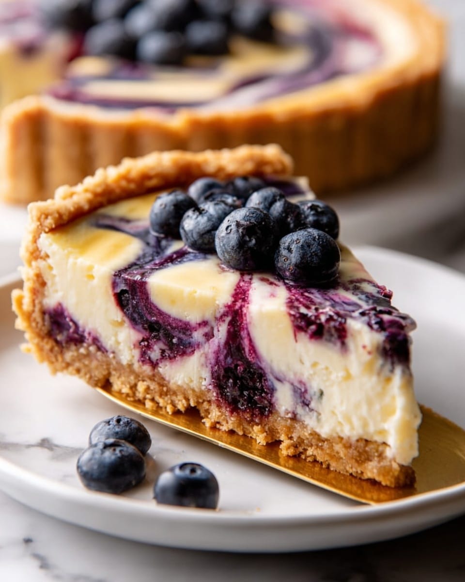 A close-up of a slice of blueberry swirl cheesecake being lifted by a gold pie server from a white plate set on a white marbled surface, showing three layers: the bottom crust is golden and crumbly, the middle layer is creamy white cheesecake, and the top layer has purple blueberry swirls mixed into the cheesecake with fresh blueberries placed on top for garnish, with part of the whole tart visible in the background, photo taken with an iphone --ar 4:5 --v 7