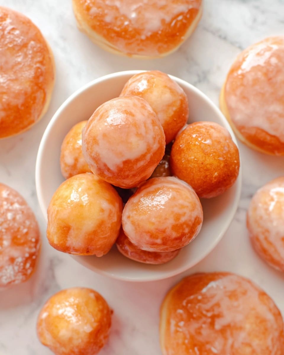 The image shows a close-up of four glazed donuts with a smooth, shiny, light brown glaze covering their surface. One donut is slightly lifted and bitten from the side, revealing a soft, airy, and fluffy inner texture that is light yellow in color. The donuts have a classic ring shape with a round hole in the center and a slightly uneven glaze with small white sugar crystals around the edges. They are placed on a white marbled surface, giving a clean and bright look. photo taken with an iphone --ar 4:5 --v 7