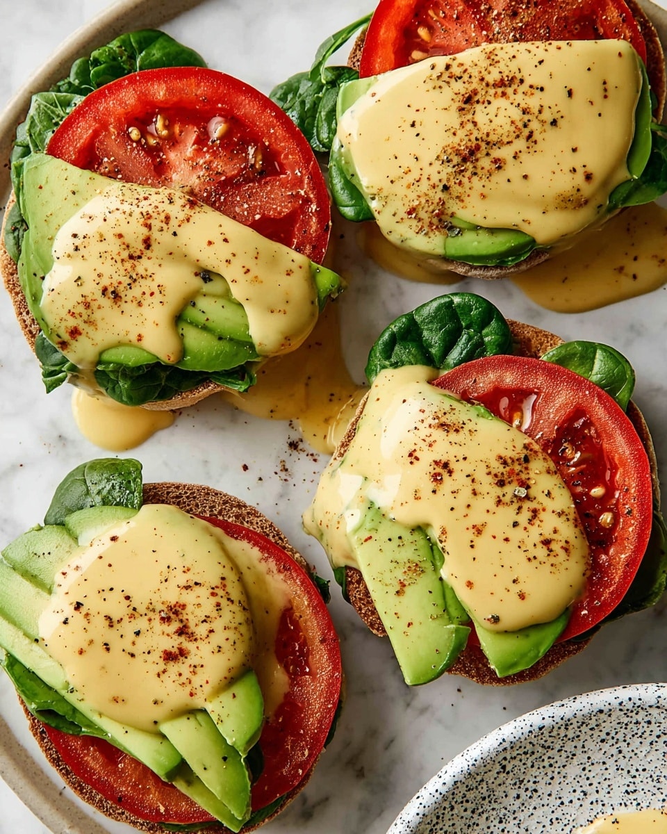The image shows open English muffins topped with three layers: at the bottom, a toasted muffin half with a golden-brown crisp texture; in the middle, thick slices of red tomato; and on top, fresh green avocado slices fanned out. A creamy yellow sauce, speckled with black pepper and a hint of red spice powder, generously covers the avocado and drips slightly down the sides. In the background, there is a white bowl filled with the same creamy sauce, placed on a white marbled surface. Photo taken with an iphone --ar 4:5 --v 7