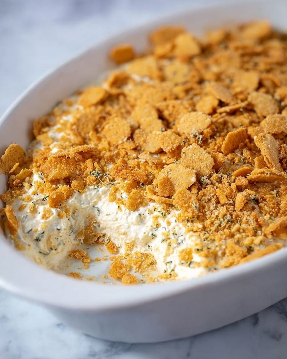 A white plate holds a creamy chicken casserole with two visible layers: a thick, smooth, light beige chicken and sauce mixture at the bottom, mixed with shredded chicken, and a golden crumbly topping that looks crunchy and slightly rough. On the side of the plate, a few bright green beans add a fresh pop of color. A shiny metal fork lifts a portion of casserole, showing the soft chicken texture beneath the crisp breadcrumb layer. The plate sits on a white marbled surface, giving the scene a clean and simple look. Photo taken with an iphone --ar 4:5 --v 7