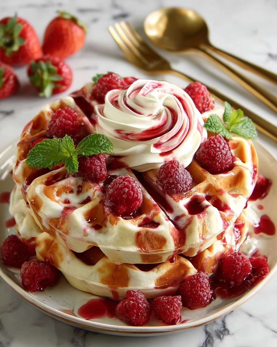 A stack of golden brown waffles with hints of red swirled inside sits on a white plate with a golden rim, placed on a white marbled surface. The waffles have a thick, fluffy texture and are covered in white cream, drizzled with bright red berry sauce that pools slightly on the plate. Fresh red raspberries and sliced strawberries are scattered on and around the waffles. At the center, a dollop of white whipped cream is topped with more red sauce and fresh green mint leaves. In the background, some whole and cut strawberries sit blurred, along with two golden forks. photo taken with an iphone --ar 4:5 --v 7