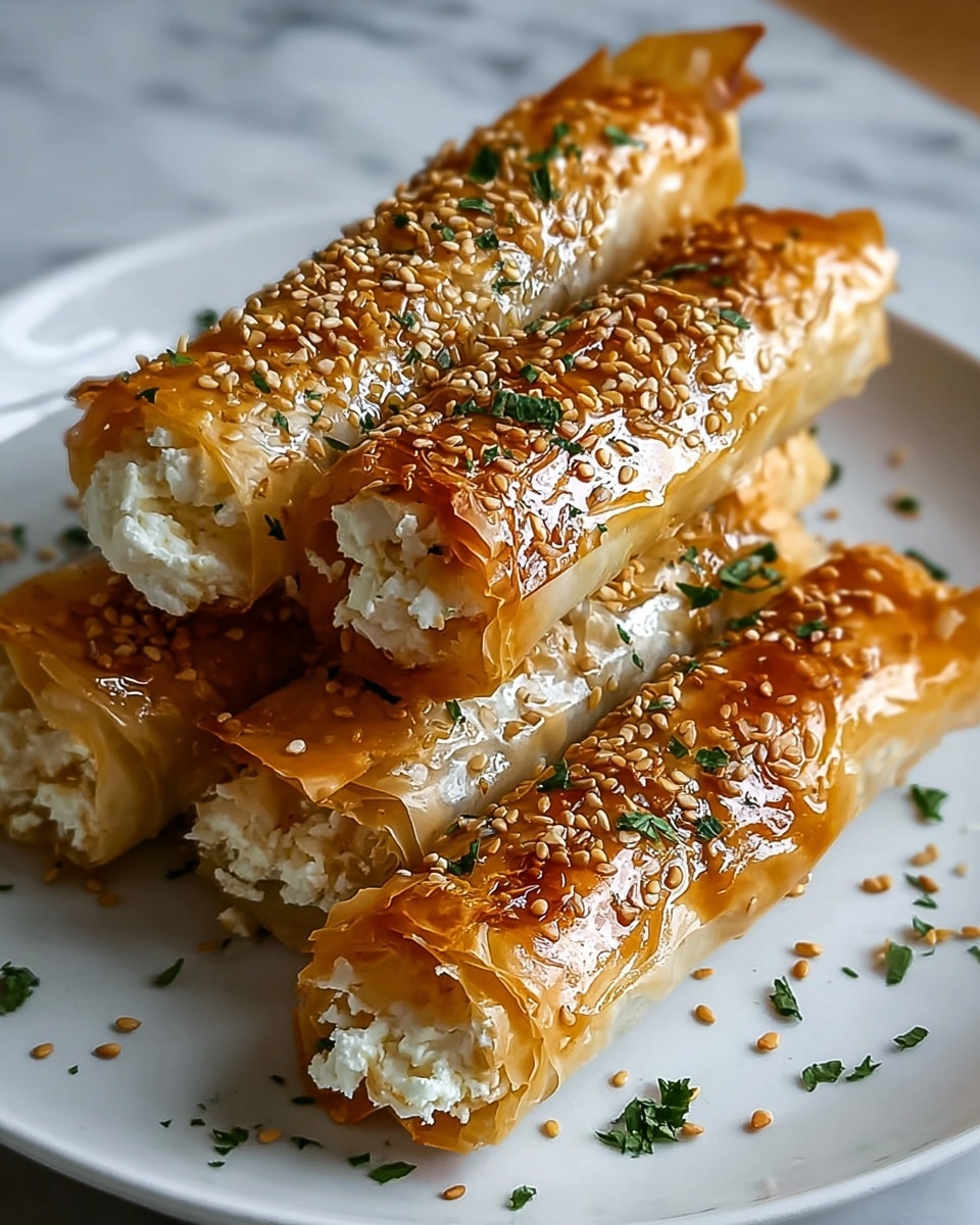 Three golden-brown crispy rolls sit stacked on a white plate with a white marbled texture under it. Each roll has a flaky, shiny top layer sprinkled generously with toasted sesame seeds and bits of green herbs. The rolls are filled with white, crumbly cheese mixed with small green and black herb pieces, visible at the open ends. The texture looks crunchy on the outside and soft inside. Photo taken with an iphone --ar 4:5 --v 7