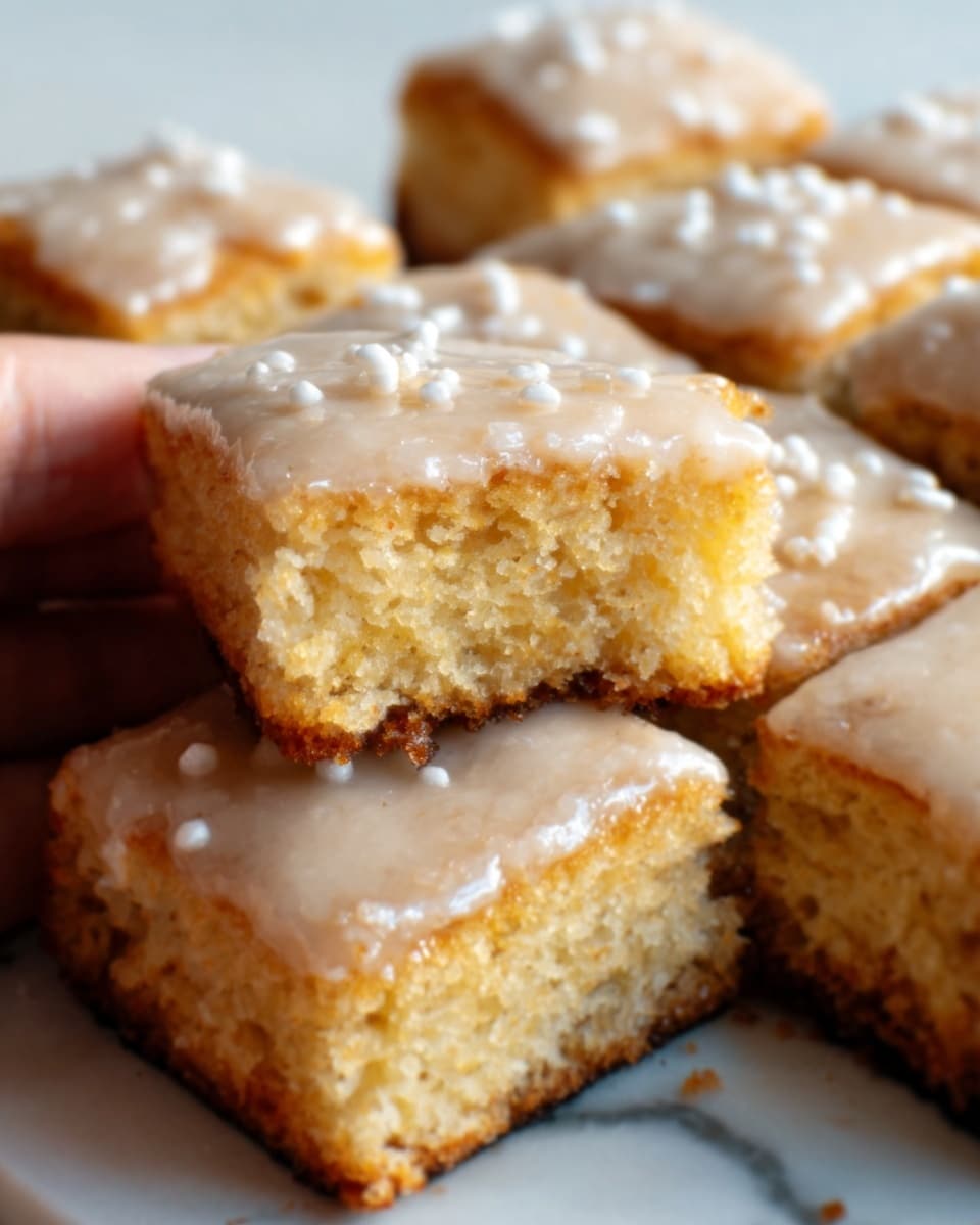 The image shows several square-shaped pieces of soft cake with a light brown color and a moist texture. Each piece is topped with a shiny, translucent icing that looks smooth and slightly thick, covering the top surface evenly. The top layer also has a few small white sprinkles scattered on it. One piece is lifted and held by a woman’s hand, revealing a crumbly, dense inside with a golden yellow color. The background and plate are a white marbled texture, creating a clean and bright setting. Photo taken with an iphone --ar 4:5 --v 7