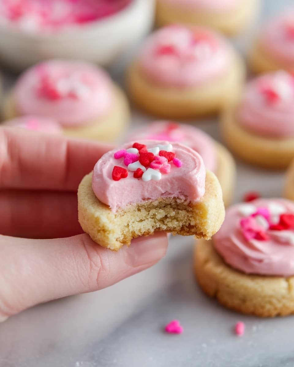A close-up view of a small cookie with three layers visible, held by a woman's hand. The bottom layer is a round, light golden-brown cookie base with a crumbly texture. The middle layer is a thick, smooth pink frosting sitting in a small indent on top of the cookie. The top layer includes tiny heart-shaped sprinkles in red, pink, and white, scattered across the frosting. Other similar cookies with the same layers are stacked or spread out on a white marbled surface in the background. photo taken with an iphone --ar 4:5 --v 7