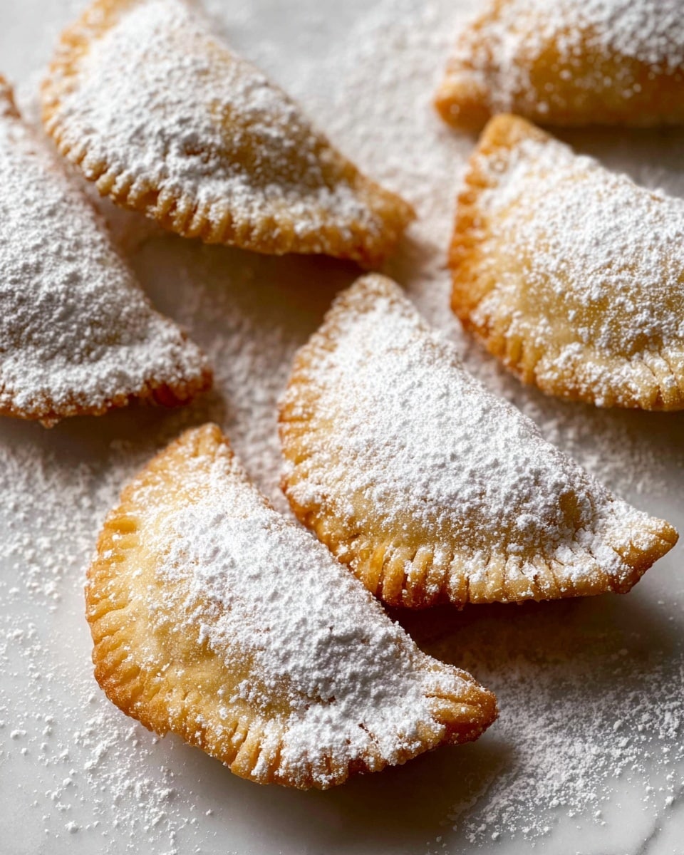 The image shows several golden brown, crescent-shaped fried pastries arranged closely together on a white marbled surface. Each pastry is lightly textured with crimped edges that create a decorative border and are generously dusted with white powdered sugar, giving them a soft, snowy appearance that contrasts with their crisp, warm-toned crust. The pastries have a slightly puffy look, indicating a filled interior beneath the crispy outer layer, and the close-up view highlights their crunchy texture and fine sugar dusting in detail. photo taken with an iphone --ar 4:5 --v 7