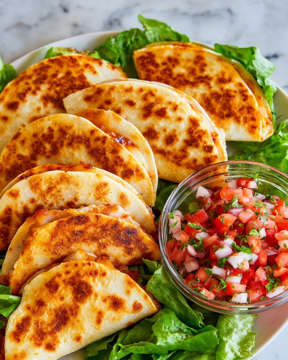 A large round white plate is filled with about twelve golden-brown folded quesadillas, each showing slightly crispy spots and positioned to overlap with halves facing different directions. The quesadillas sit on a bed of fresh, shredded green lettuce that spreads slightly outside the plate edges. In the center of the plate, there is a clear glass bowl filled with colorful pico de gallo made of diced red tomatoes, white onions, and green herbs. Surrounding the plate on a white marbled surface are small clear bowls of creamy white sour cream and chunky green guacamole, along with two glasses filled with light golden beer, one of which is topped with foam, and a brown beer bottle. A stack of white plates is placed near the top right of the image. photo taken with an iphone --ar 4:5 --v 7