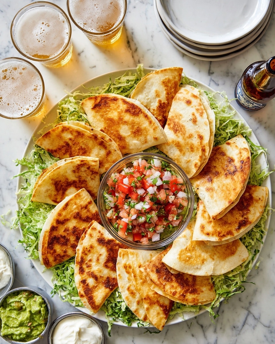 The image shows several folded quesadillas with a golden-brown, crispy outer layer stacked neatly on a bed of fresh green lettuce leaves in a white plate. Each quesadilla is folded in half, revealing a slightly visible filling of melted cheese and bits of tomato or vegetable inside, with a smooth texture on the inside and a bubbly, toasted texture on the outside. Next to the stacked quesadillas is a clear glass bowl filled with fresh salsa made of chopped red tomatoes, white onions, and green herbs, adding a bright and colorful contrast to the dish. The whole setup rests on a white marbled surface. photo taken with an iphone --ar 4:5 --v 7