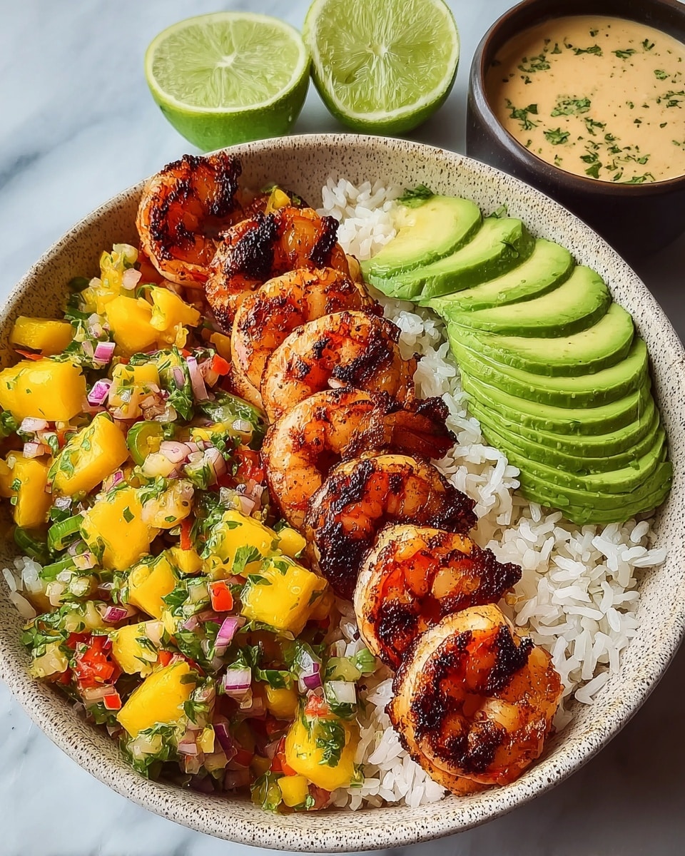 A white speckled bowl is filled with three main layers: at the bottom is white rice, fluffy and soft; on one side, there are vibrant yellow mango chunks mixed with finely chopped green herbs, red peppers, and bits of purple onion, creating a fresh salsa texture; next to the salsa, there are smooth, thick slices of light green avocado layered in a neat row; covering the top edge of the bowl are several grilled shrimp with a rich, dark orange color and char marks showing a crispy texture. Behind the bowl, two lime halves and a small cup of creamy, beige sauce with green herbs are visible, all placed on a white marbled surface. Photo taken with an iphone --ar 4:5 --v 7