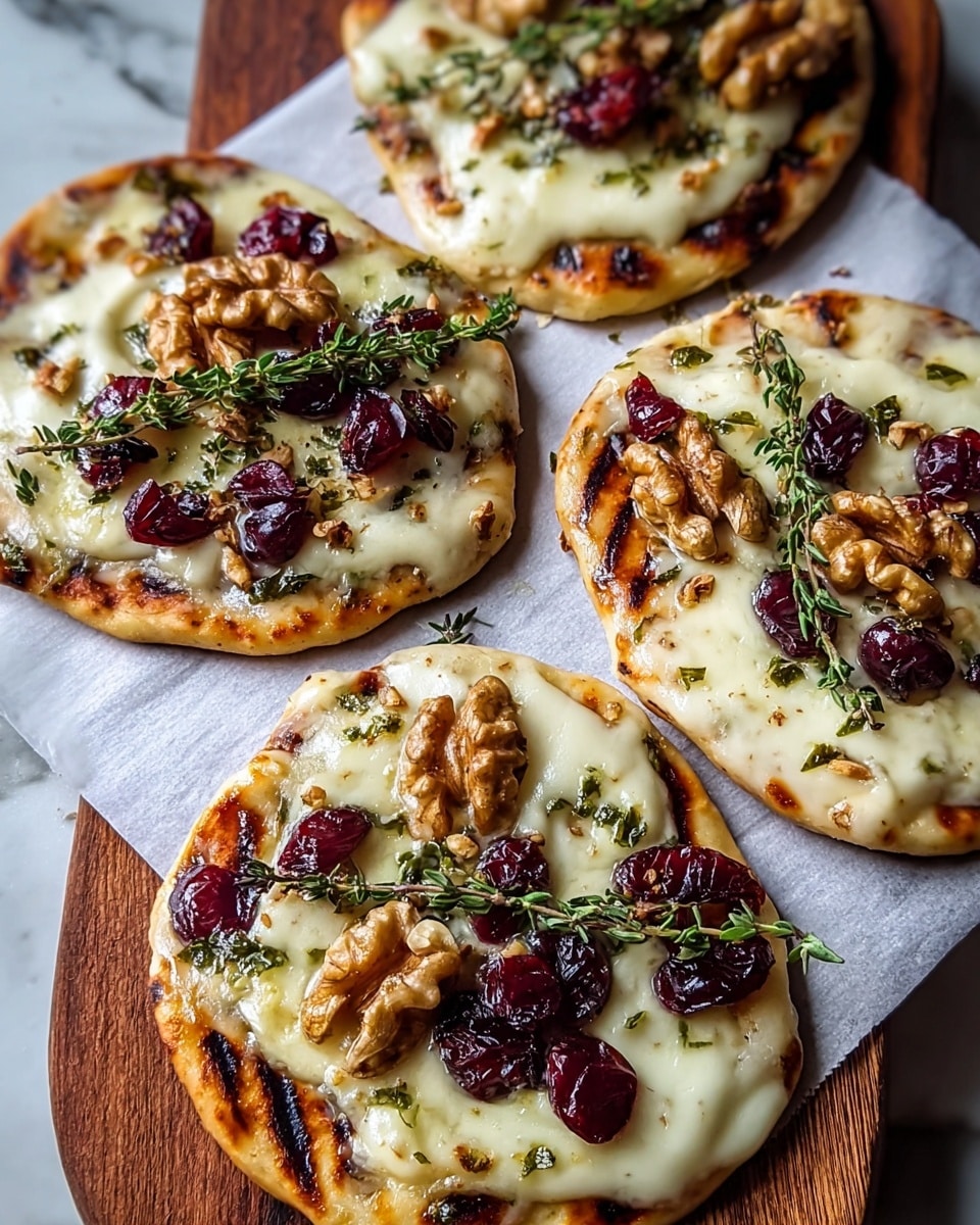 The image shows four small round flatbreads as the base layer, each with a golden-brown, slightly crispy texture and grill marks. On top of each flatbread is a creamy white melted cheese layer that looks soft and smooth. Scattered over the cheese are dark red dried cranberries, adding a chewy texture and bright color. Whole walnut halves sit on top, providing a crunchy and rough texture. Small green sprigs of fresh herbs, likely thyme, are placed over the toppings, giving a fresh and natural look. The flatbreads rest on white parchment paper, which is set on a wooden board, all placed against a white marbled textured background. Photo taken with an iphone --ar 4:5 --v 7