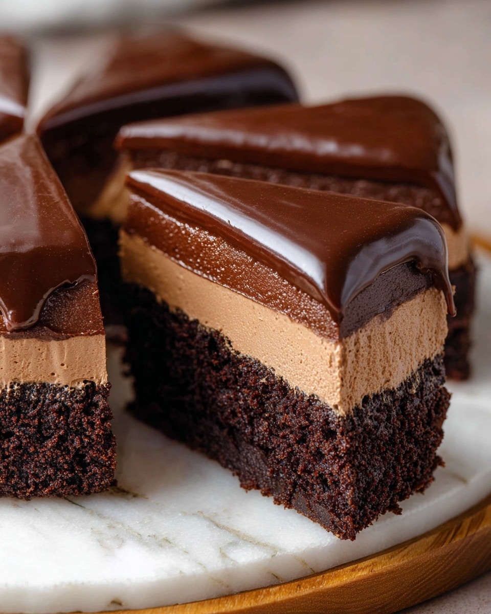 A slice of rich chocolate cake is shown on a white speckled plate with three layers: a dark, moist chocolate cake layer on the left, a thick, smooth, light brown chocolate mousse layer in the middle, and a glossy, darker chocolate ganache layer covering the mousse on the right. There is a silver fork resting on the plate with some chocolate mousse smeared on its prongs, hinting that a bite has been taken. The plate sits on a white marbled surface with a blurred white plate holding more cake in the background. photo taken with an iphone --ar 4:5 --v 7