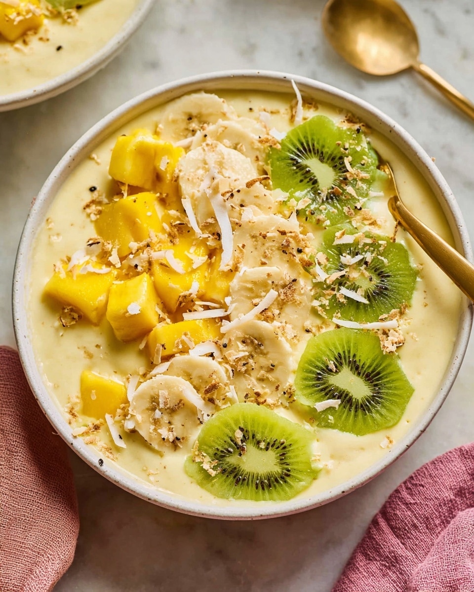 The image shows a bowl filled with a creamy pale yellow base that looks smooth and thick, topped with a layer of sliced bananas forming a circular pattern on one side. On top of the bananas, there are small, bright yellow mango cubes and vibrant green kiwi pieces scattered, adding a fresh pop of color and texture. Some toasted white coconut flakes are lightly sprinkled over the fruit, giving a slight rough texture and extra detail. A gold spoon with a textured handle rests inside the bowl on the right side. The bowl is white and placed on a white marbled surface, with a peeled banana and a wooden bowl of coconut flakes visible nearby. A soft pink cloth lies under part of the bowl photo taken with an iphone --ar 4:5 --v 7