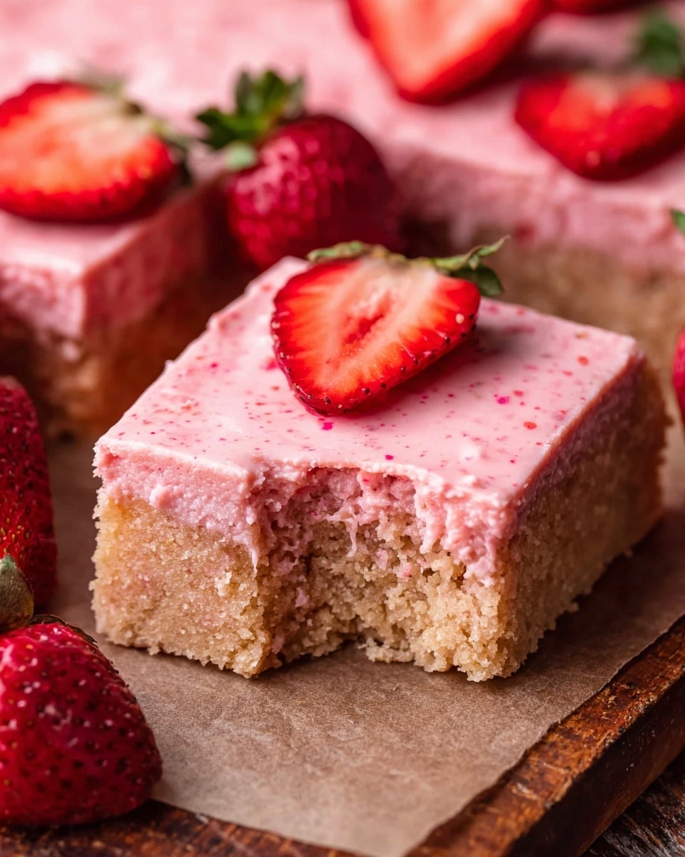 The image shows two stacked square pink strawberry bars on a white marbled surface, the top one with a bite taken out of it, revealing a moist, dense pinkish-brown inside. Each bar has two layers: a thick, dense, slightly grainy bottom layer with a brownish-pink tone, and a smooth, light pink creamy frosting layer on top that is speckled with tiny red bits. Around the bars, there are whole and halved fresh strawberries with bright red skin and green leaves, placed to the right and left of the bars. The overall look is soft and fresh with a clear focus on the layered texture of the bars. photo taken with an iphone --ar 4:5 --v 7